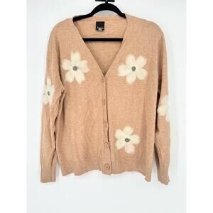 Aaeda Womens Applique Floral Open Cardigan Sweater Tan Size XL Boho Cottagecore